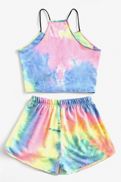 Chic Tie Dye Printed Spaghetti Straps Fitted Crop Cami Top & Elastic Waist Relaxed Shorts Set for Women