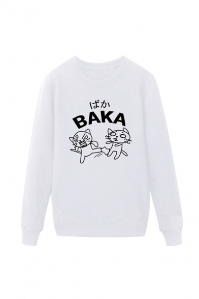 Cool Mens Cat Pattern Letter Baka Pullover Long Sleeve Round Neck Regular Fit Graphic Sweatshirt