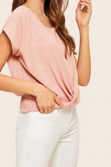 Elegant Womens Chiffon Short Sleeve Round Neck Twist Hem Relaxed T-shirt in Pink