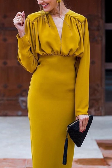 Elegant Womens Yellow Long Sleeve V-neck Mid Bodycon Work Dress for Special Occasion