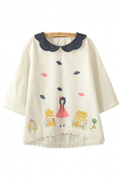 Fancy Girls Cartoon Printed Lace Trimmed 3/4 Sleeve Scalloped Peter Pan Collar Loose Blouse Top