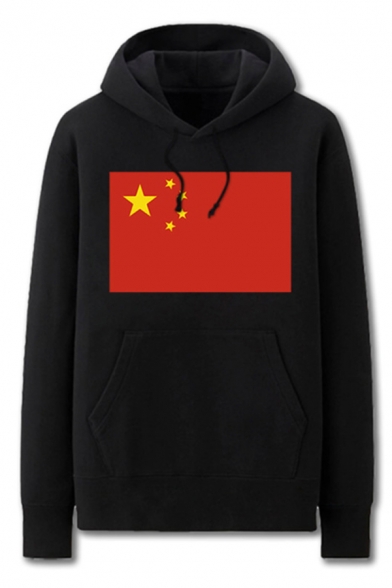 Fancy Mens Chinese Flag Pattern Pocket Drawstring Long Sleeve Regular Fit Hooded Sweatshirt