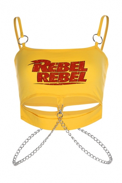 Fancy Womens Letter Rebel Print O-ring Chain Decoration Cut out Fit Crop Cami in Yellow