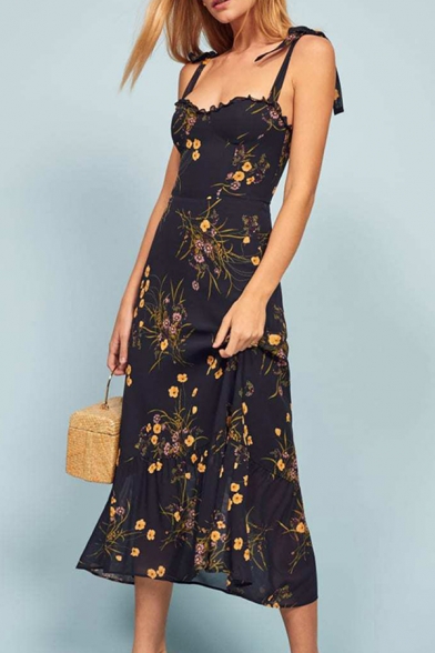 

Gorgeous Womens Allover Flower Print Stringy Selvedge Bow Tied Shoulder Ruffled Trim Mid Pleated A-line Cami Dress in Navy, LM645898