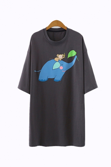 Leisure Womens Elephant Monkey Printed 3/4 Sleeve Round Neck Loose Fit Long T Shirt