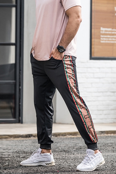 Mens Classic Black Striped Pattern Pockets Drawstring 7/8 Length Tapered Fit Jogger Sweatpants
