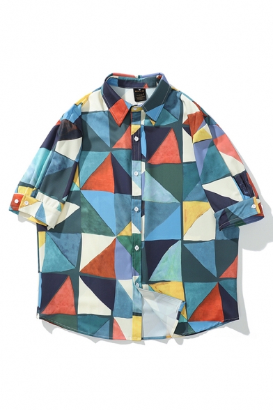 Mens Colorful Geometric Pattern Button down Point Collar Short Sleeve Relaxed Fit Shirt