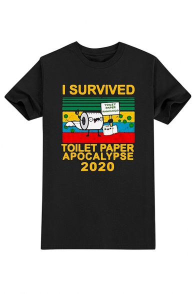 Popular Letter I Survived Toilet Paper Graphic Short Sleeve Crew Neck Loose T Shirt for Men