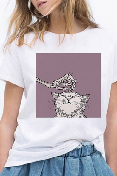 Popular Womens Cartoon Skull Cat Print Short Sleeve Round Neck Loose Fit T Shirt in White
