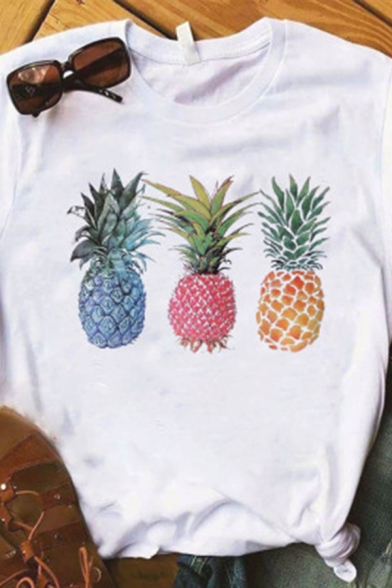 Popular Womens Pineapple Watermelon Graphic Rolled Short Sleeve Crew Neck Regular Fitted T Shirt in White