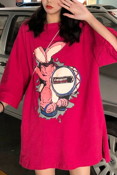 Popular Womens Rabbit Pattern Half Sleeve Crew Neck Slit Sides Oversize T Shirt