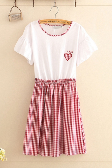 Preppy Girls Letter LXZL Heart Embroidered Checker Print Patchwork Short Sleeve Round Neck Mid Pleated A-line T Shirt Dress