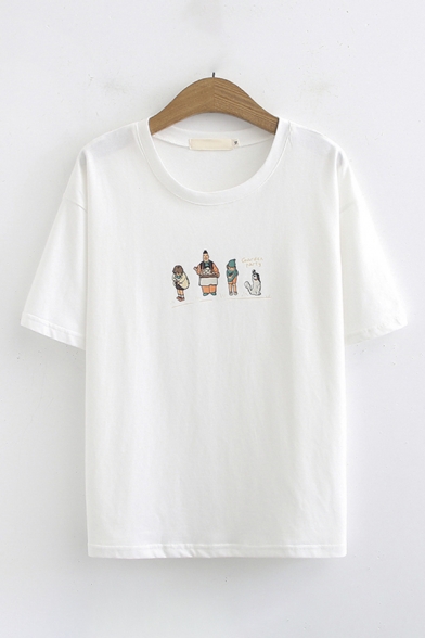 Simple Cartoon Print Short Sleeve Crew Neck Relaxed T-shirt for Women