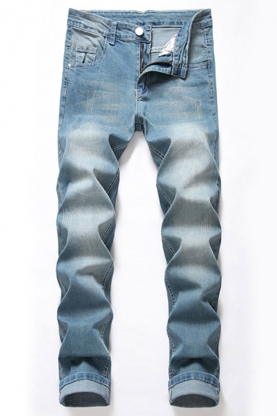 Simple Light Wash Pocket Zipper Mid Rise Full Length Slim Fitted Jeans for Men
