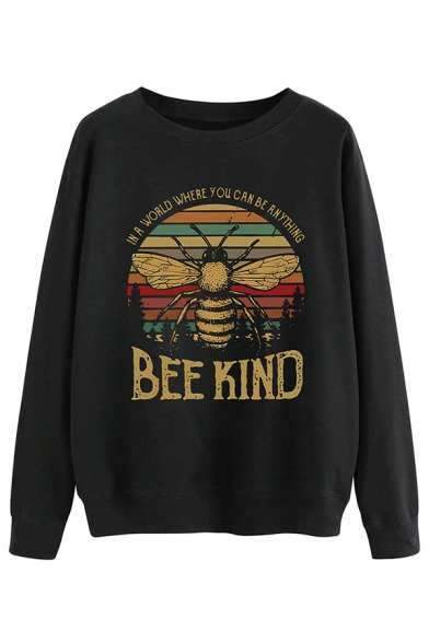 Street Girls Cartoon Bee Letter Bee Kind Graphic Long Sleeve Round Neck Relaxed Pullover Sweatshirt in Black