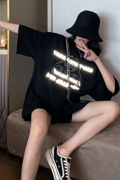 Street Womens Reflective Letter Graphic Half Sleeve Crew Neck Mini Oversize T-shirt Dress