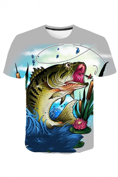 Stylish Fish Water 3D Pattern Round Neck Short Sleeve Fitted Tee Top for Men