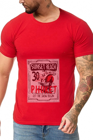 Stylish Men's Letter Sunset Beach Printed Crew Neck Short Sleeve Slim Fit Graphic Tee Top