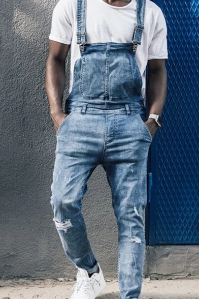 Stylish Overalls Ripped Pocket Full Length Relaxed Fitted Overall Jeans for Men