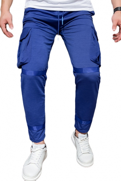 Trendy Ribbon Detail Flap Pockets Drawstring Ankle Length Tapered Fit Jogger Pants for Men