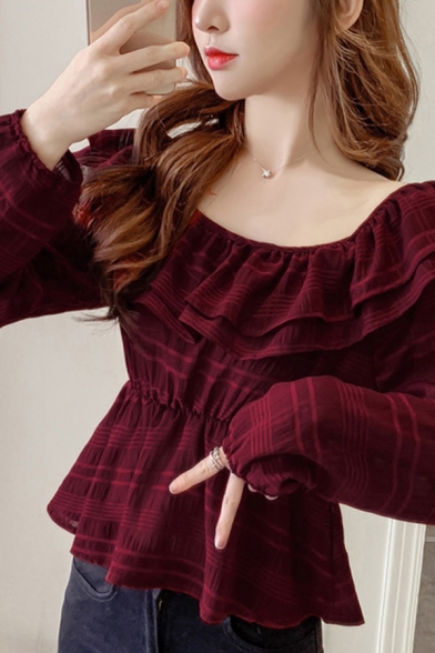 

Trendy Solid Color Chiffon Ruffled Trim Gathered Waist Long Sleeve Round Neck Regular Fit Blouse Top for Women, Red;white, LM648839