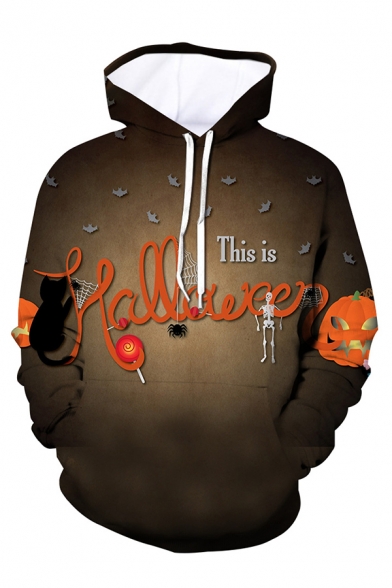 Unique Mens 3D Halloween Cartoon Character Letter Happy Halloween Printed Pocket Drawstring Long Sleeve Fitted Graphic Hoodie