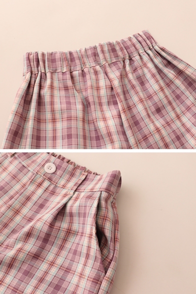 Vintage Womens Plaid Pleated Pockets Zipper Button Detail High Rise Regular Fit Shorts