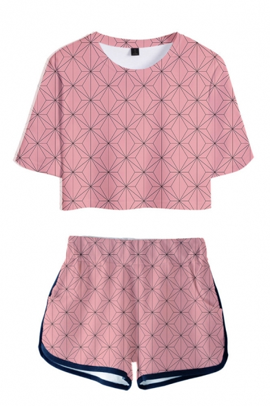All over Geometric Print Short Sleeve Crew Neck Relaxed Crop T Shirt & Contrast Piped Shorts Cosplay Set