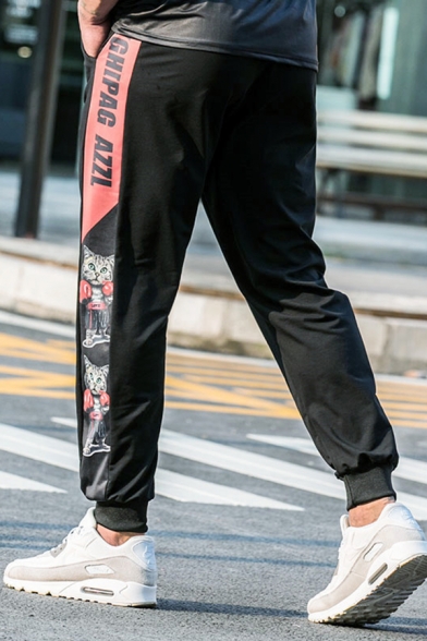 Black Cool Cat Letter Pattern Cuffed Drawstring Ankle Length Tapered Fit Graphic Jogger Pants for Men