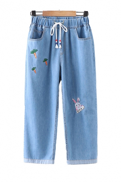 Casual Womens Carrot Rabbit Embroidered Drawstring Waist Ankle Length Cropped Straight Jeans