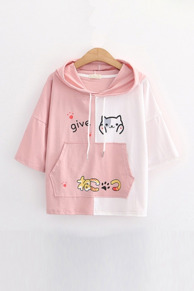 Chic Girls Colorblock Letter Give Cartoon Cat Footprint Printed Pocket Drawstring Hooded Short Sleeve Regular Fit Graphic Hoodie