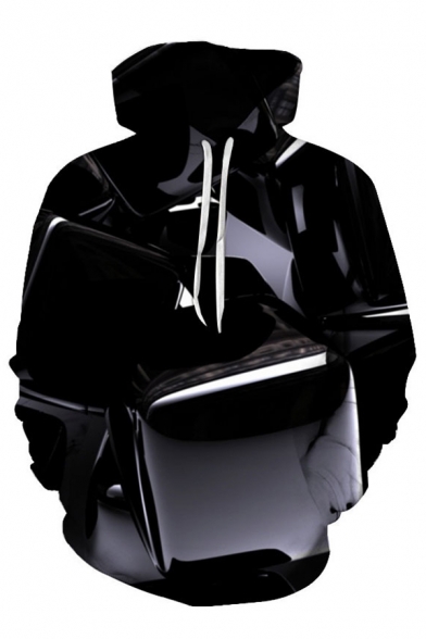 Chic Mens 3D Visual Deception Pattern Pocket Drawstring Long Sleeve Regular Fitted Hooded Sweatshirt in Black