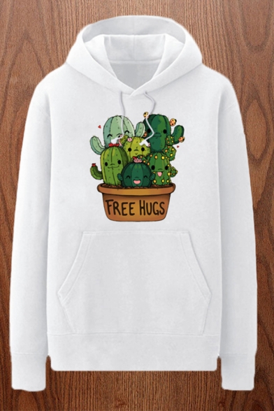 Chic Mens Cactus Letter Tree Hugs Printed Pocket Drawstring Long Sleeve Regular Fit Graphic Hooded Sweatshirt