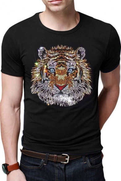 Chic Rhinestone Tiger Printed Short Sleeve Round Neck Loose Fit T Shirt for Men