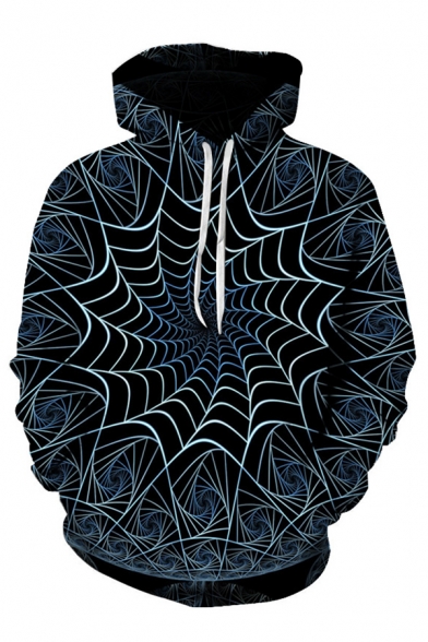 Cool Mens 3D Spider Net Pattern Pocket Drawstring Long Sleeve Regular Fit Hooded Sweatshirt