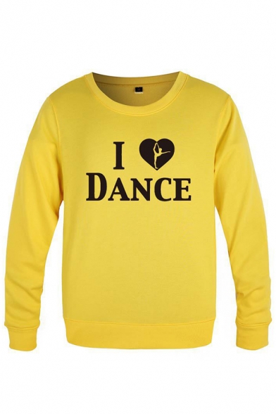 Cozy Mens Heart Character Letter I Love Dance Printed Pullover Long Sleeve Round Neck Fitted Graphic Sweatshirt