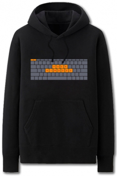 Creative Mens Keyboard Letter Fuck Viruses Printed Pocket Drawstring Long Sleeve Regular Fit Graphic Hooded Sweatshirt