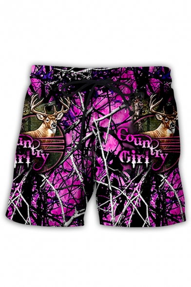 Creative Mens Letter Country Girl Forest Deer Pattern Drawstring Waist Relaxed Shorts