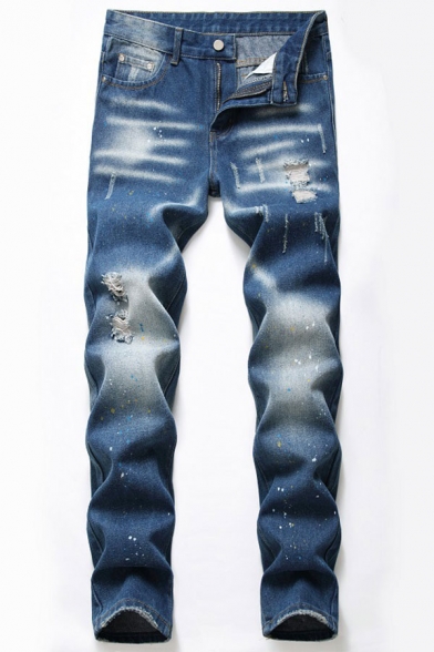 Fancy Mens Paint Splatter Medium Wash Ripped Pocket Zipper Mid Rise Full Length Slim Fitted Jeans