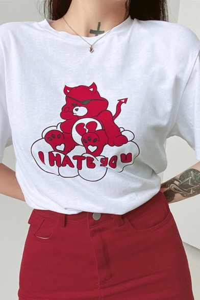 Fashionable Womens Letter I Hate You Cartoon Bear Graphic Short Sleeve Crew Neck Loose T Shirt in White