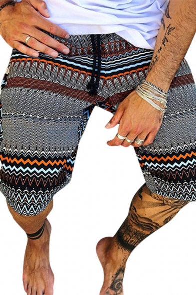 Holiday Shorts Geometric Pattern Pocket Drawstring Mid Rise Regular Fitted Shorts for Men