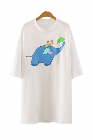 Leisure Womens Elephant Monkey Printed 3/4 Sleeve Round Neck Loose Fit Long T Shirt