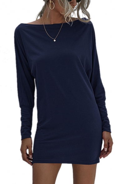 Leisure Womens Solid Color Long Sleeve Oblique Shoulder Mini Fitted T Shirt Dress