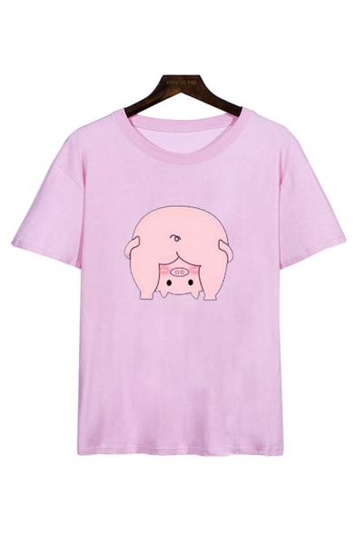 Lovely Cartoon Pig Pattern Short Sleeve Crew Neck Loose Fit T-shirt for Men