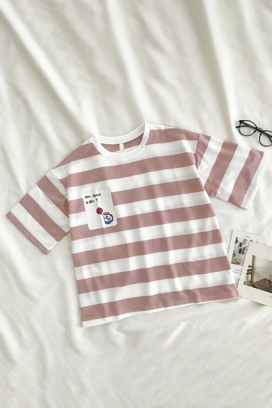 Lovely Girls Letter How About A Drink Cup Printed Striped Round Neck Short Sleeve Relaxed Fit Graphic Tee Shirt