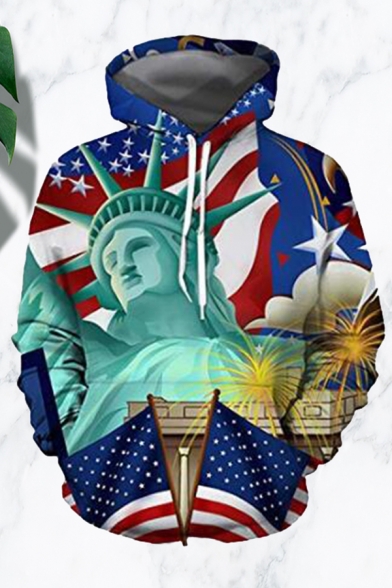 Mens Creative Flag Statue 3D Print Pocket Drawstring Full Sleeve Loose Fitted Hooded Sweatshirt