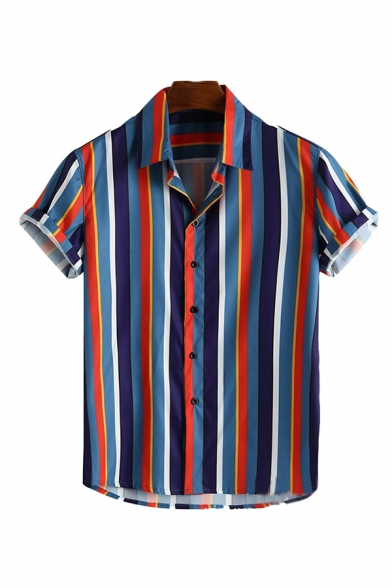 Mens Trendy Stripe Printed Rolled Short Sleeve Turn-down Collar Button down Loose Colorful Shirt Top