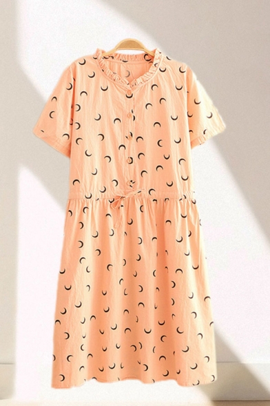 Popular Womens Allover Moon Print Short Sleeve Stringy Selvedge Crew Neck Button up Drawstring Waist Mid Pleated Swing Dress