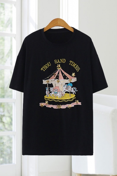 Popular Womens Letter Thou Sand Times Carousel Graphic Short Sleeve Crew Neck Relaxed Fit Tee Top