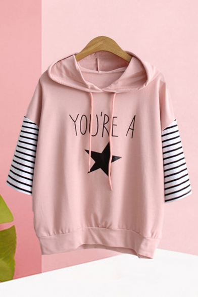 Popular Womens Letter You're A Star Graphic Striped Patched 3/4 Sleeve Hooded Drawstring Loose T Shirt